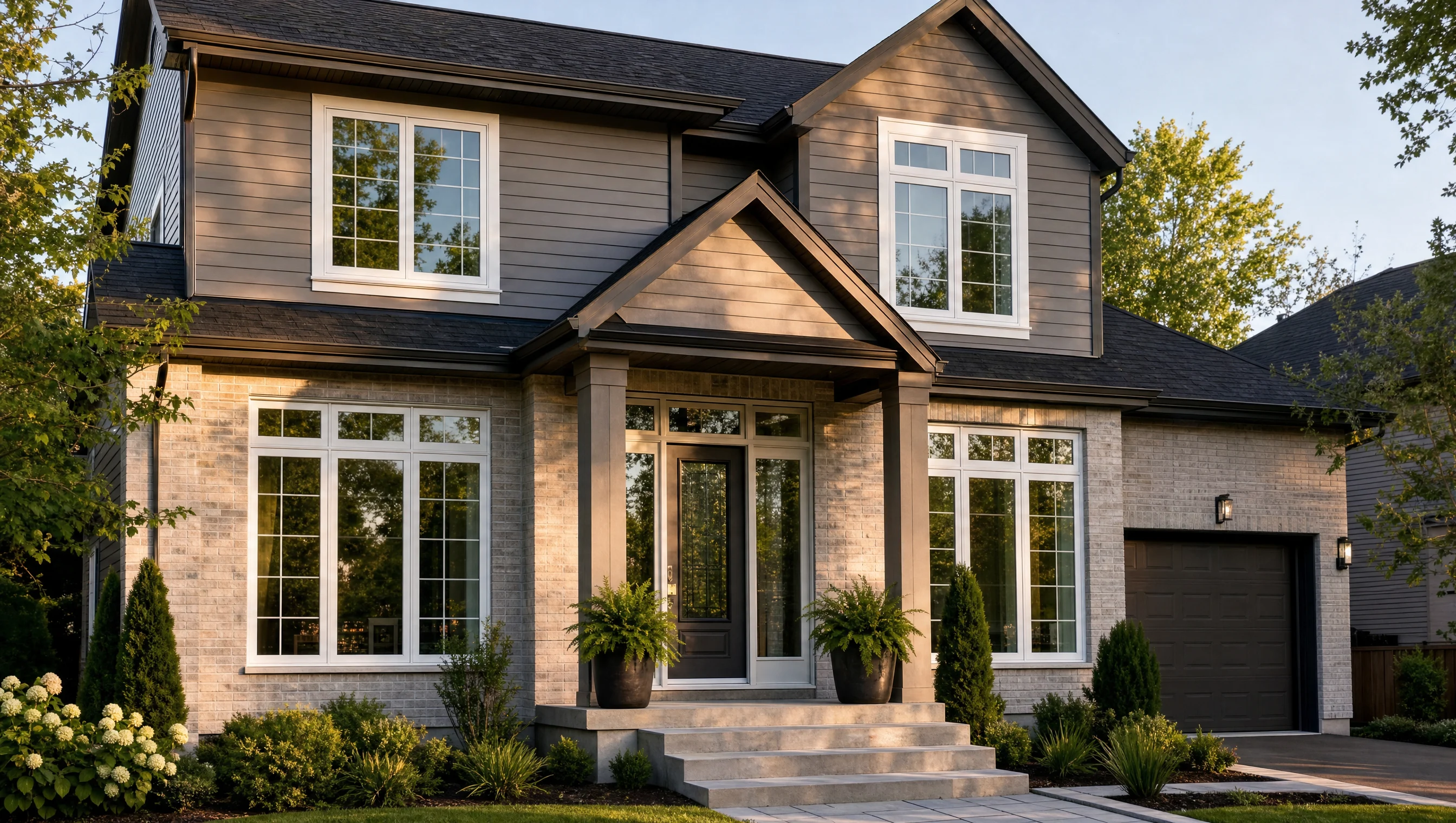 Maison québécoise moderne avec fenêtres en uPVC blanc écoénergétiques en lumière d'après-midi