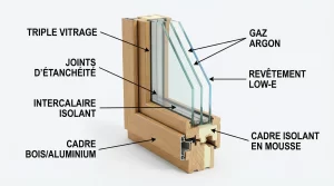 Fenêtre à triple vitrage écoénergétique avec gaz argon et revêtement Low-E