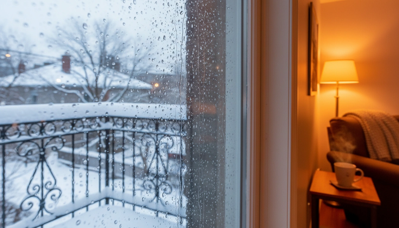 Window condensation caused by air leakage in Montreal winter